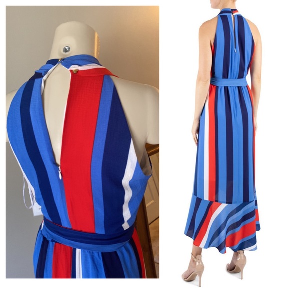 JULIA JORDAN
Women's Halter Surplus Hi-Low Belted Midi Dress In Blue Multi - Picture 2 of 16